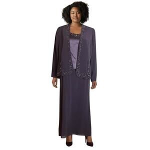 Montage by Mon Cheri Purple Beaded Satin Maxi Dress & Jacket Size 18 Elegant